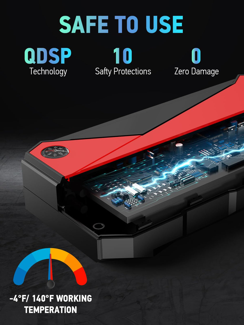 DBPOWER Peak 3000A 18000mAh Portable Car Jump Starter (up to 8.0L Gas, 6.0L Diesel Engine) Battery Booster with Smart Charging Port, Compass, LCD Screen and LED Light (Black/Red)