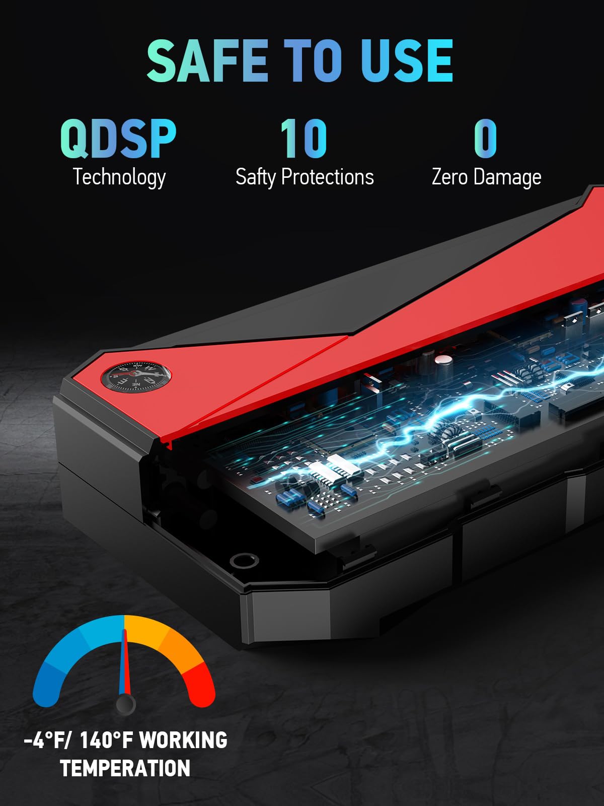 DBPOWER Peak 3000A 18000mAh Portable Car Jump Starter (up to 8.0L Gas, 6.0L Diesel Engine) Battery Booster with Smart Charging Port, Compass, LCD Screen and LED Light (Black/Red)